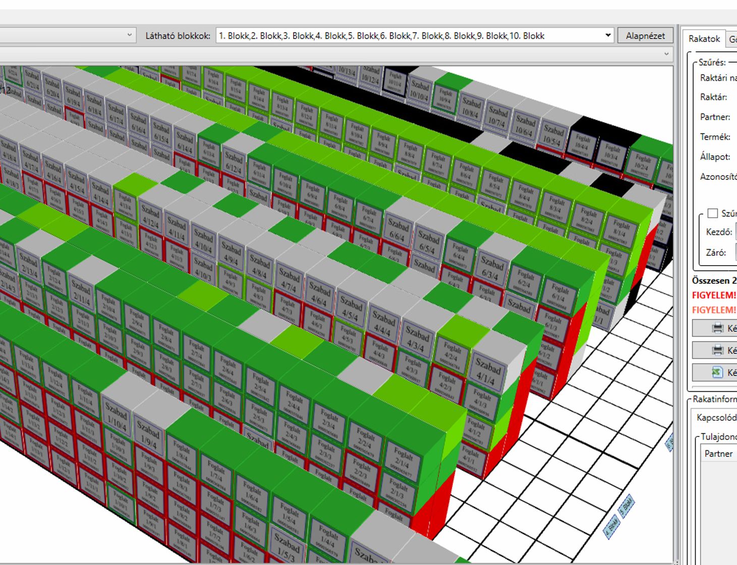 Pallet management system — 3D view of the cold store blocks and pallet positions